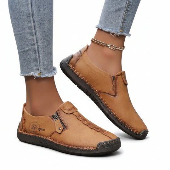 Femme Loafers Plates avec Fermeture Éclair et Coutures Décoratives