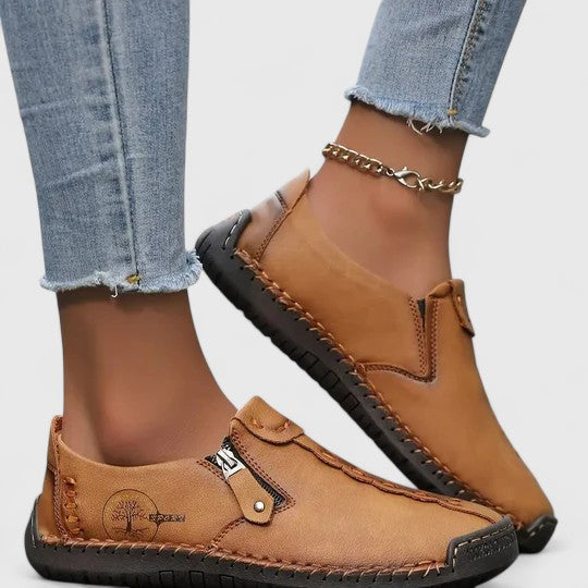 Femme Loafers Plates avec Fermeture Éclair et Coutures Décoratives
