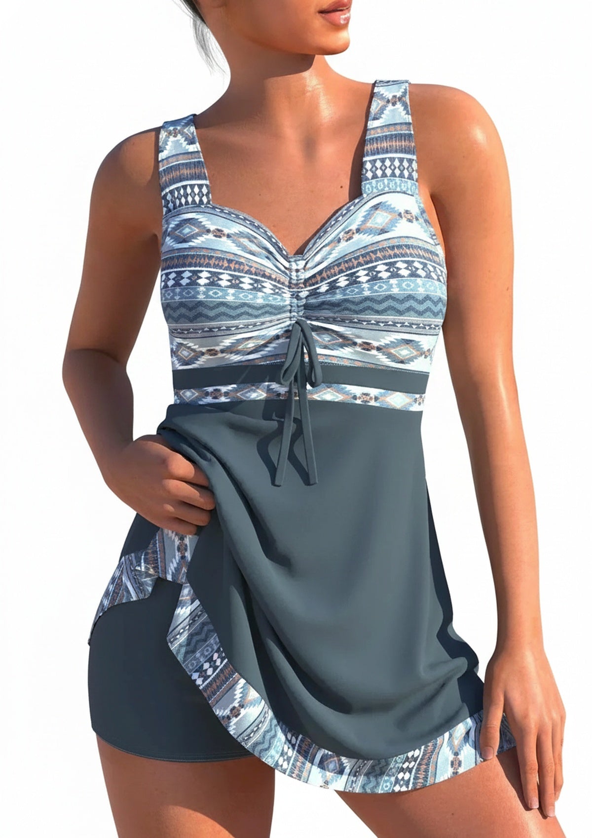 Femme Maillot de Bain Tankini avec Jupe et Imprimé Ethnique