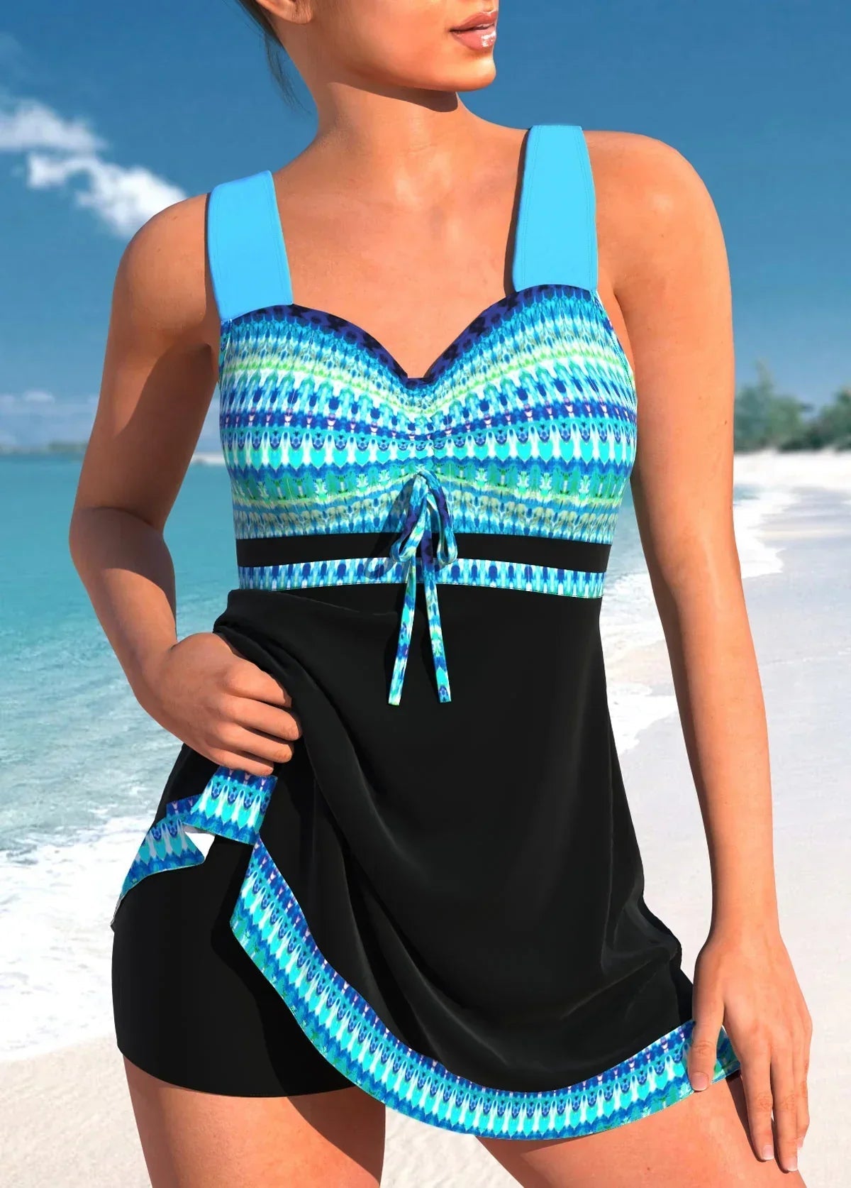 Femme Maillot de Bain Tankini avec Jupe et Imprimé Ethnique