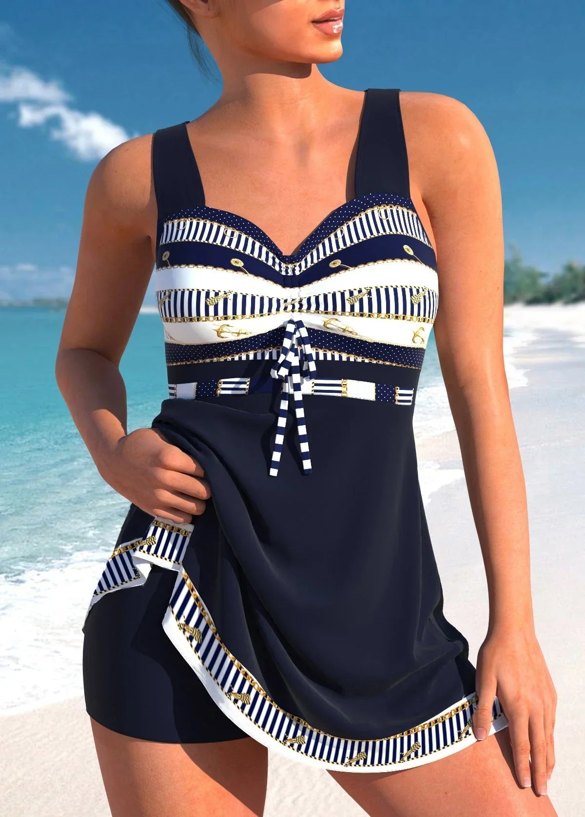 Femme Maillot de Bain Tankini avec Jupe et Imprimé Ethnique