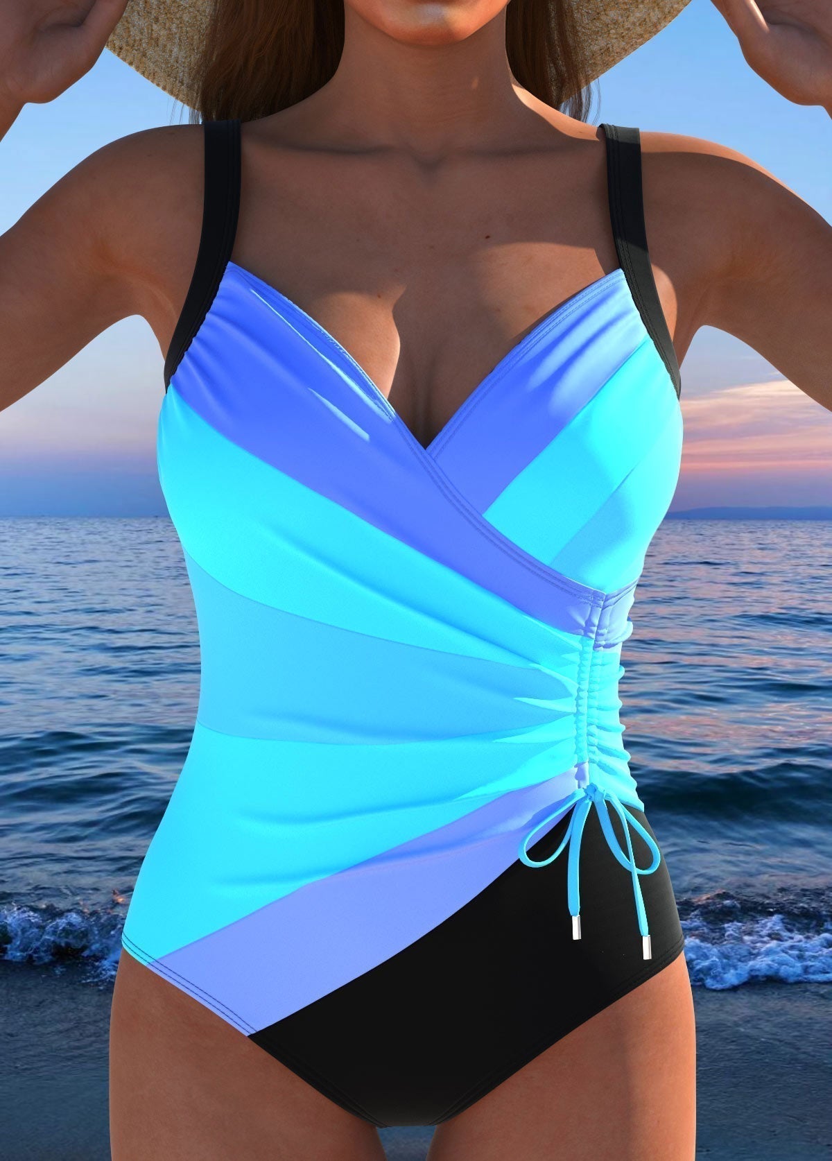 Femme Maillot de Bain une Pièce avec Décolleté en V Croisé et Bretelles Larges