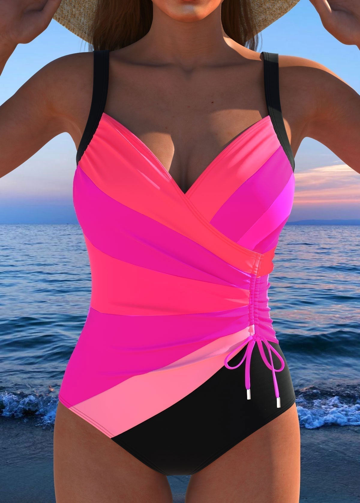 Femme Maillot de Bain une Pièce avec Décolleté en V Croisé et Bretelles Larges