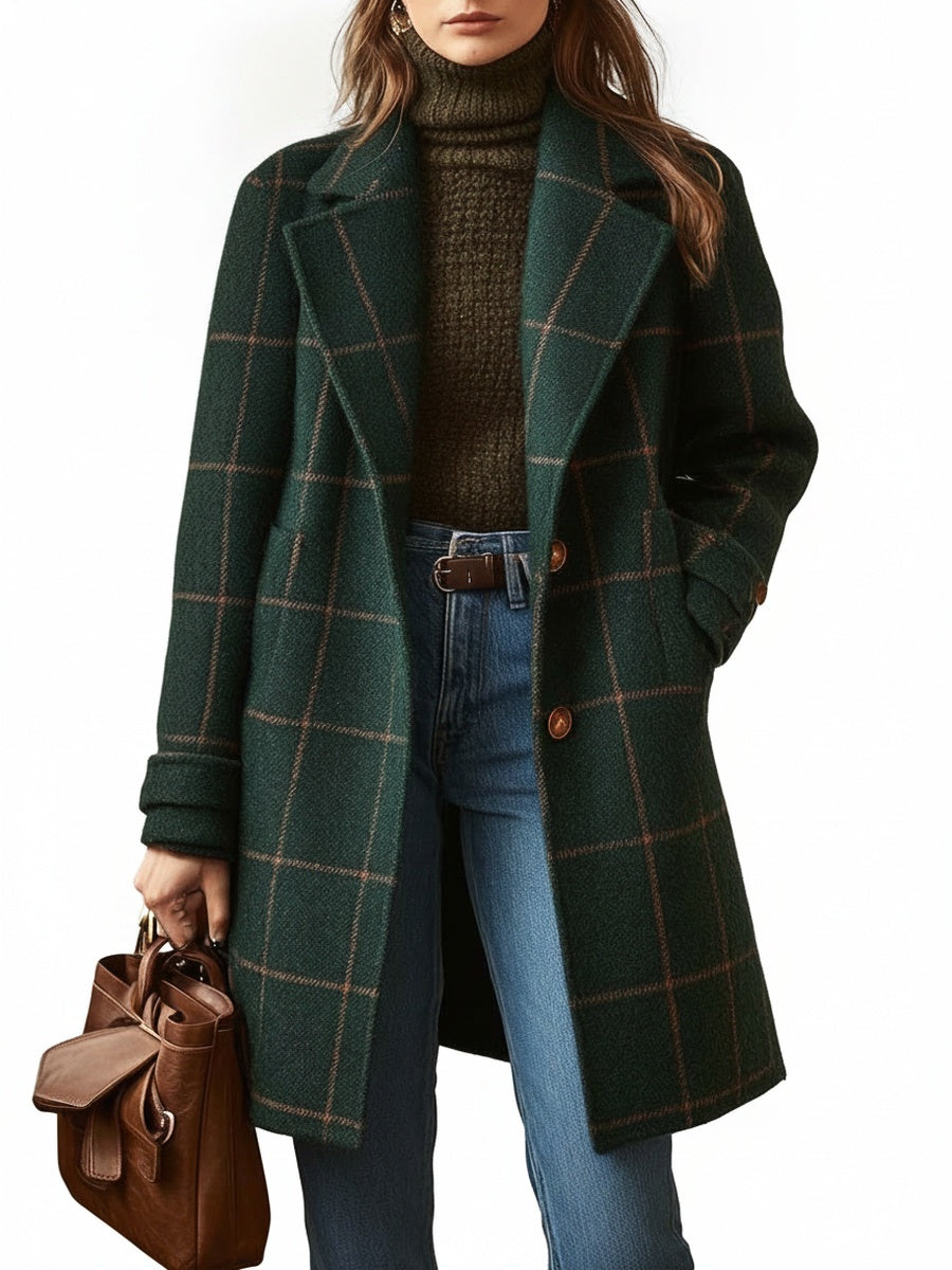 Femme Manteau Long à Carreaux avec Col Cranté et Boutonnage