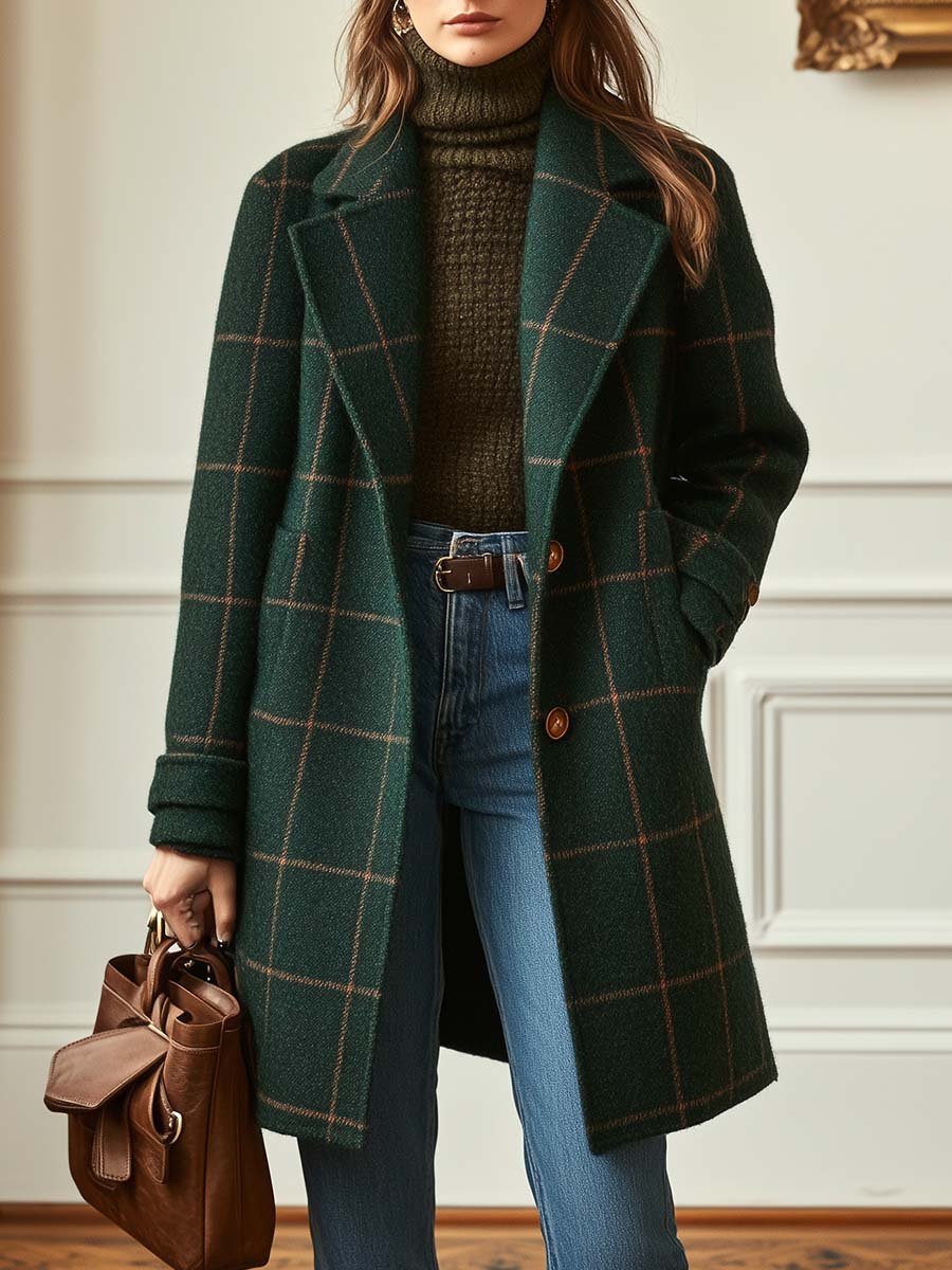 Femme Manteau Long à Carreaux avec Col Cranté et Boutonnage