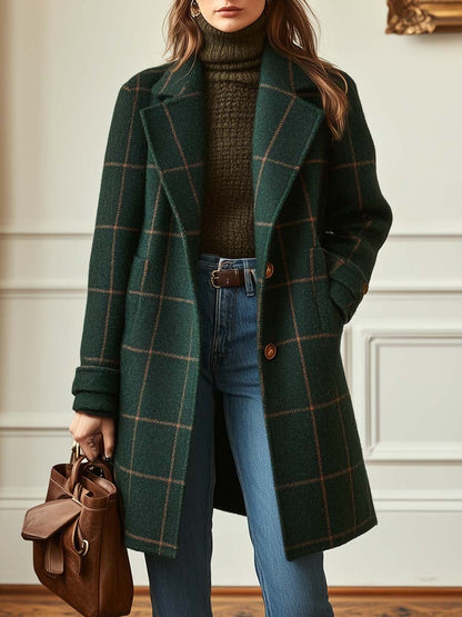 Femme Manteau Long à Carreaux avec Col Cranté et Boutonnage