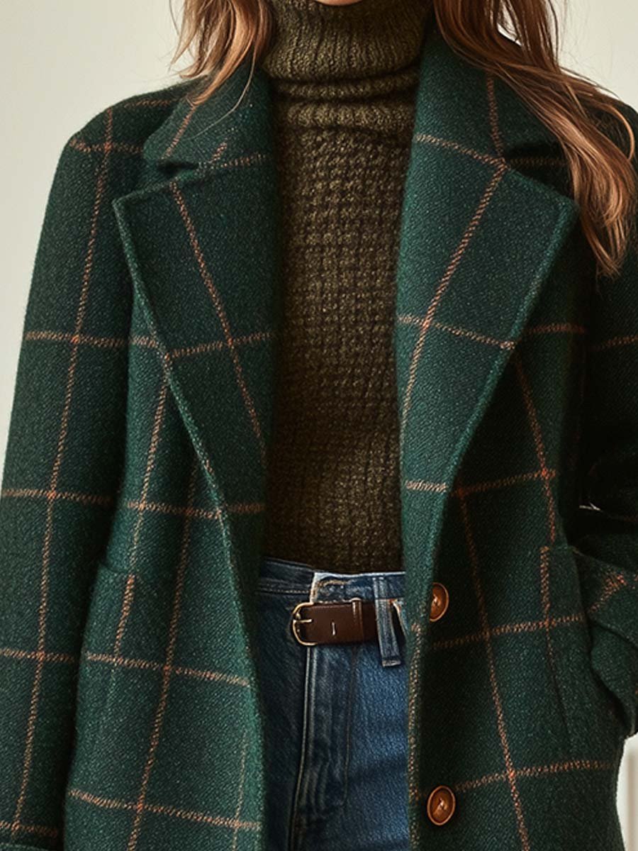 Femme Manteau Long à Carreaux avec Col Cranté et Boutonnage