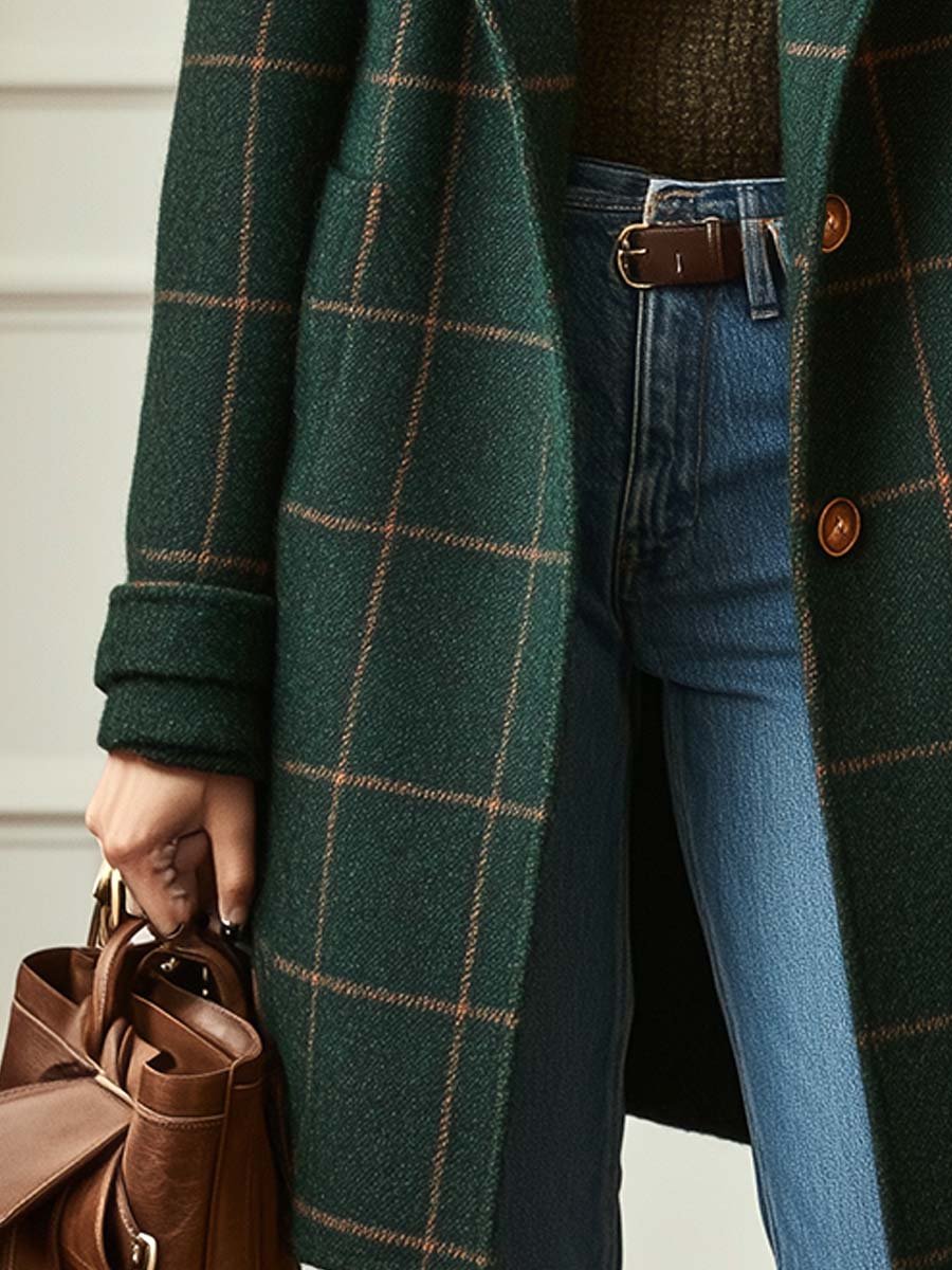 Femme Manteau Long à Carreaux avec Col Cranté et Boutonnage