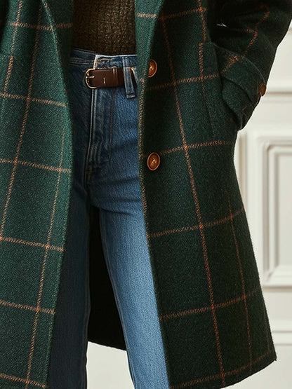 Femme Manteau Long à Carreaux avec Col Cranté et Boutonnage