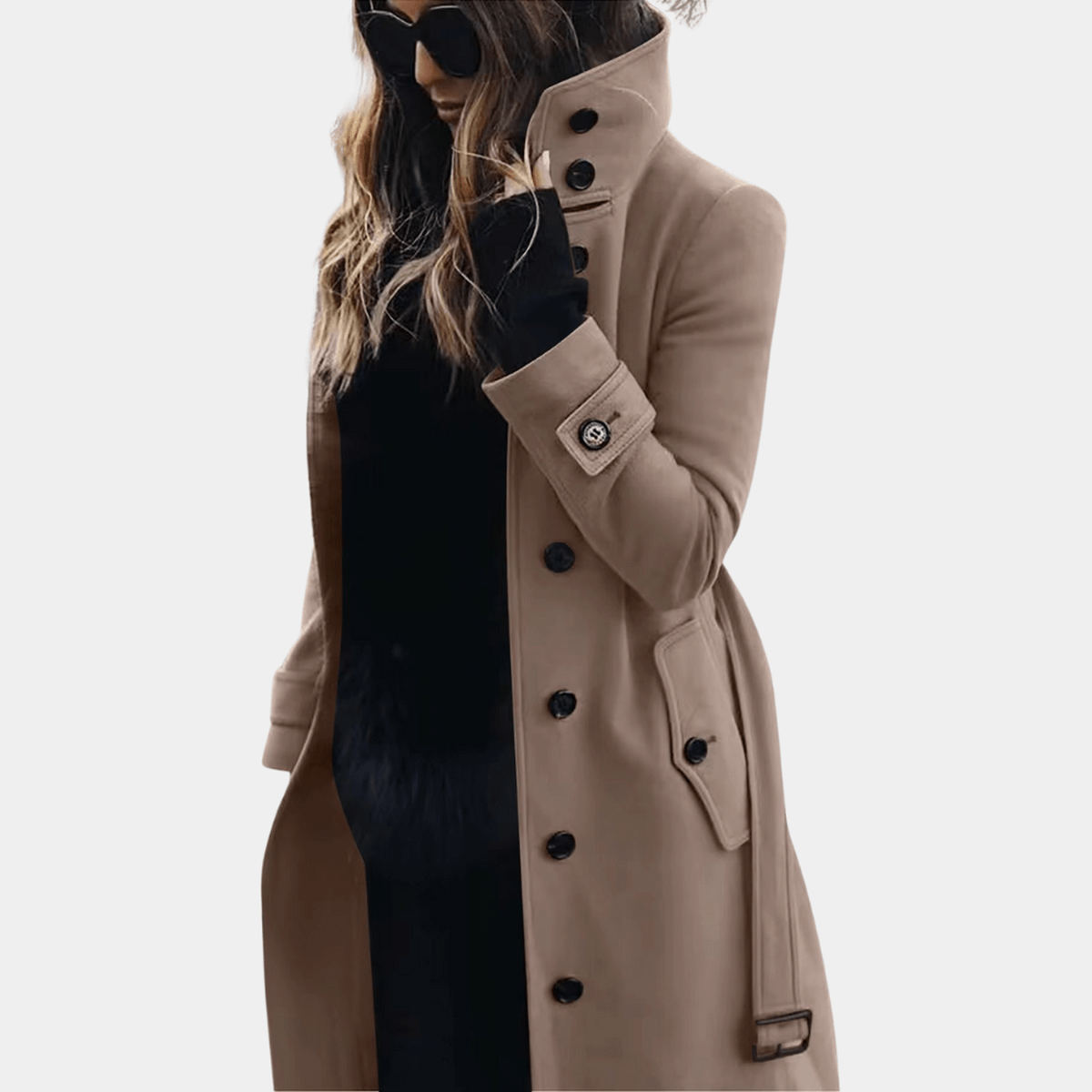 Femme Manteau Long avec Col Montant et Fermeture Boutons