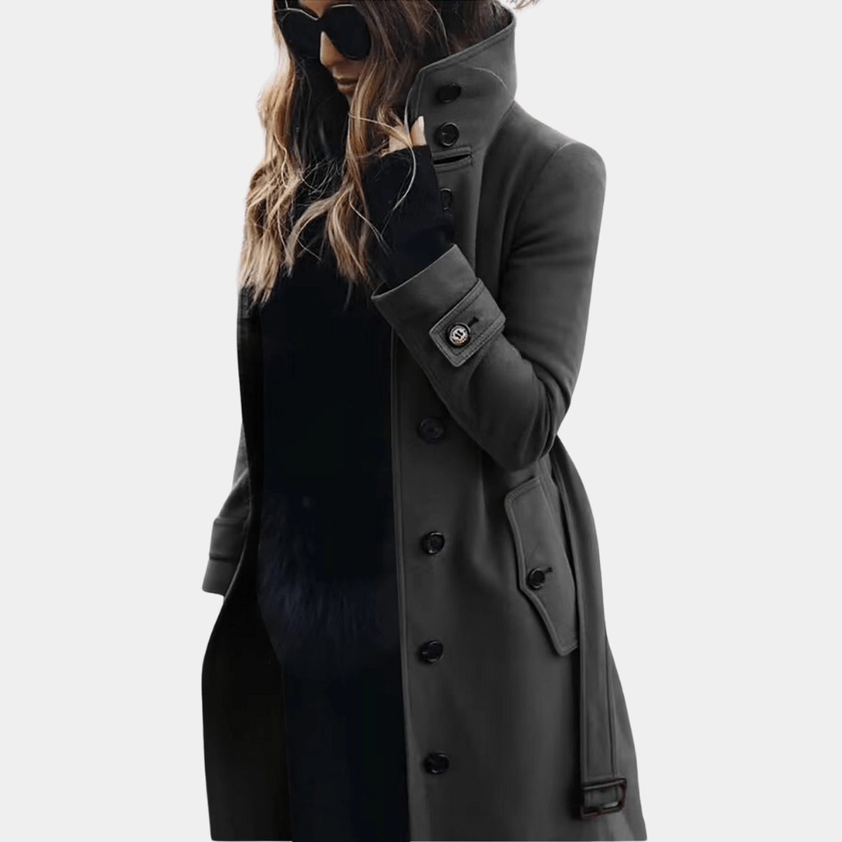 Femme Manteau Long avec Col Montant et Fermeture Boutons