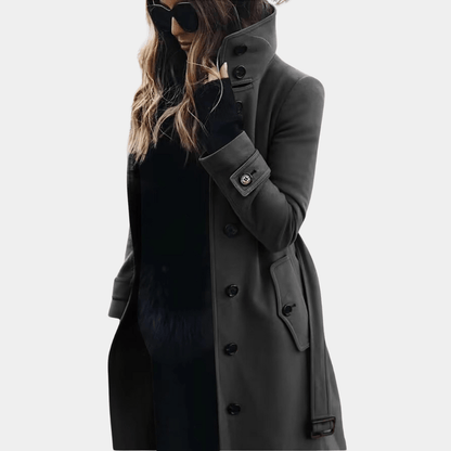 Femme Manteau Long avec Col Montant et Fermeture Boutons