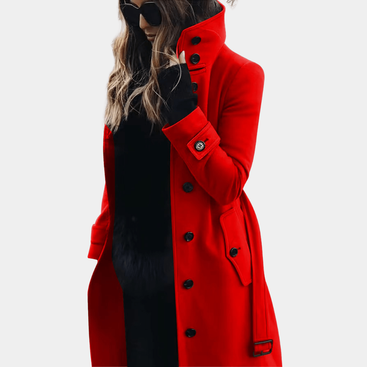 Femme Manteau Long avec Col Montant et Fermeture Boutons