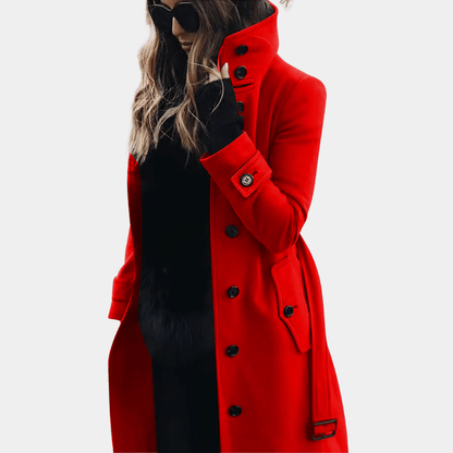 Femme Manteau Long avec Col Montant et Fermeture Boutons