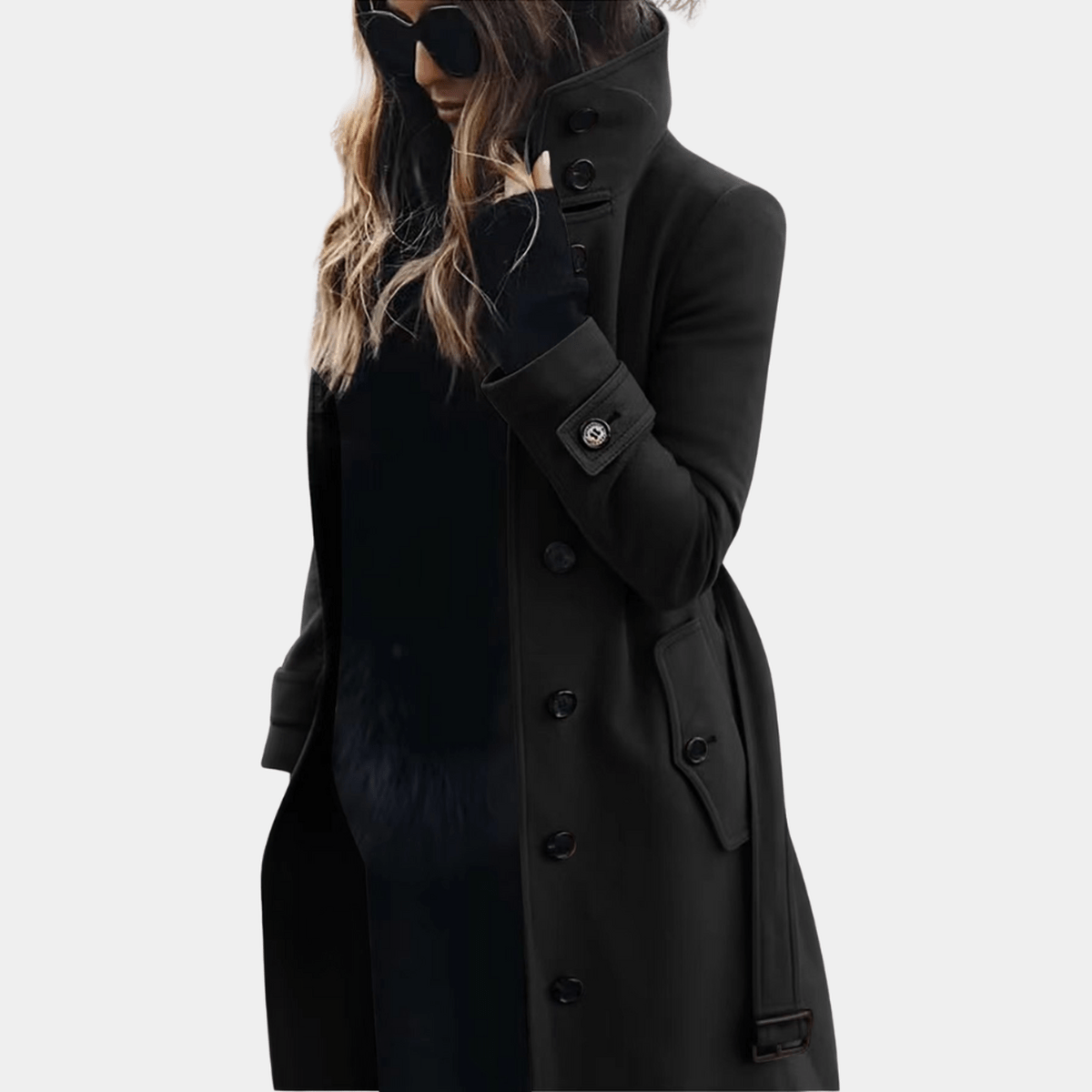 Femme Manteau Long avec Col Montant et Fermeture Boutons