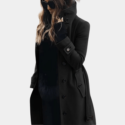 Femme Manteau Long avec Col Montant et Fermeture Boutons