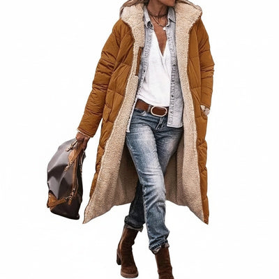 Femme Manteau Long Matelassé avec Capuche et Doublure Sherpa