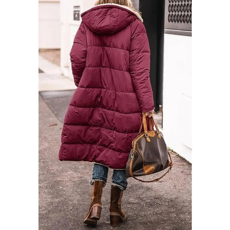Femme Manteau Long Matelassé avec Capuche et Doublure Sherpa