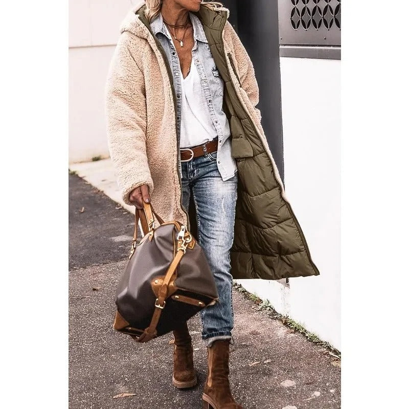 Femme Manteau Long Matelassé avec Capuche et Doublure Sherpa