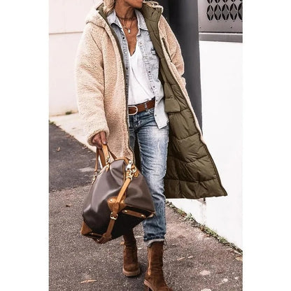 Femme Manteau Long Matelassé avec Capuche et Doublure Sherpa