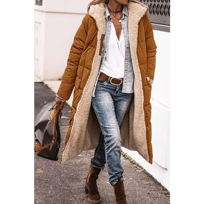 Femme Manteau Long Matelassé avec Capuche et Doublure Sherpa