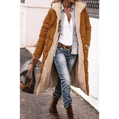 Femme Manteau Long Matelassé avec Capuche et Doublure Sherpa