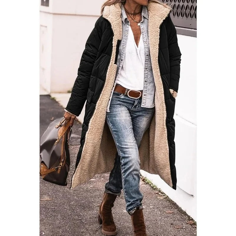 Femme Manteau Long Matelassé avec Capuche et Doublure Sherpa