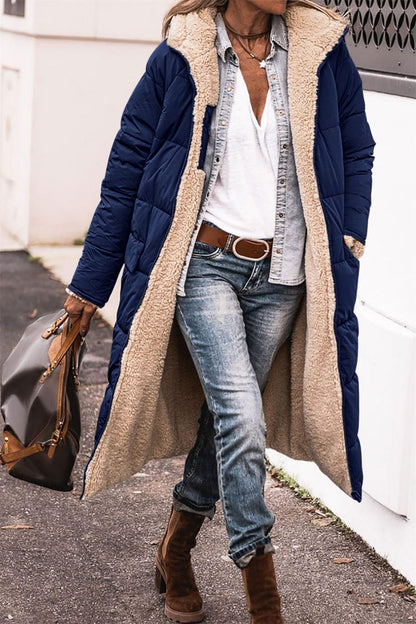 Femme Manteau Long Matelassé avec Capuche et Doublure Sherpa