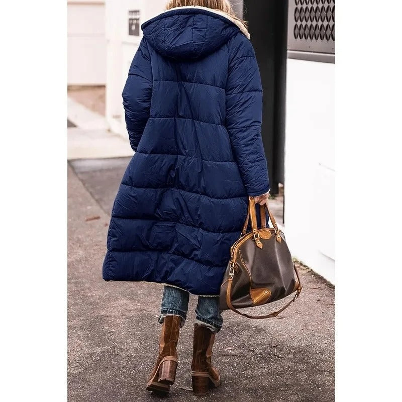 Femme Manteau Long Matelassé avec Capuche et Doublure Sherpa