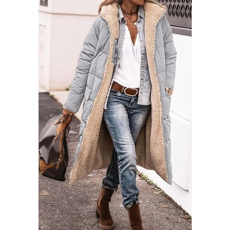 Femme Manteau Long Matelassé avec Capuche et Doublure Sherpa