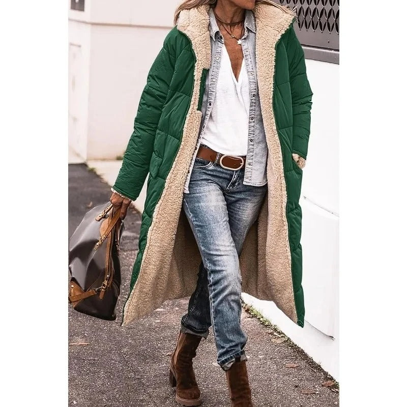 Femme Manteau Long Matelassé avec Capuche et Doublure Sherpa