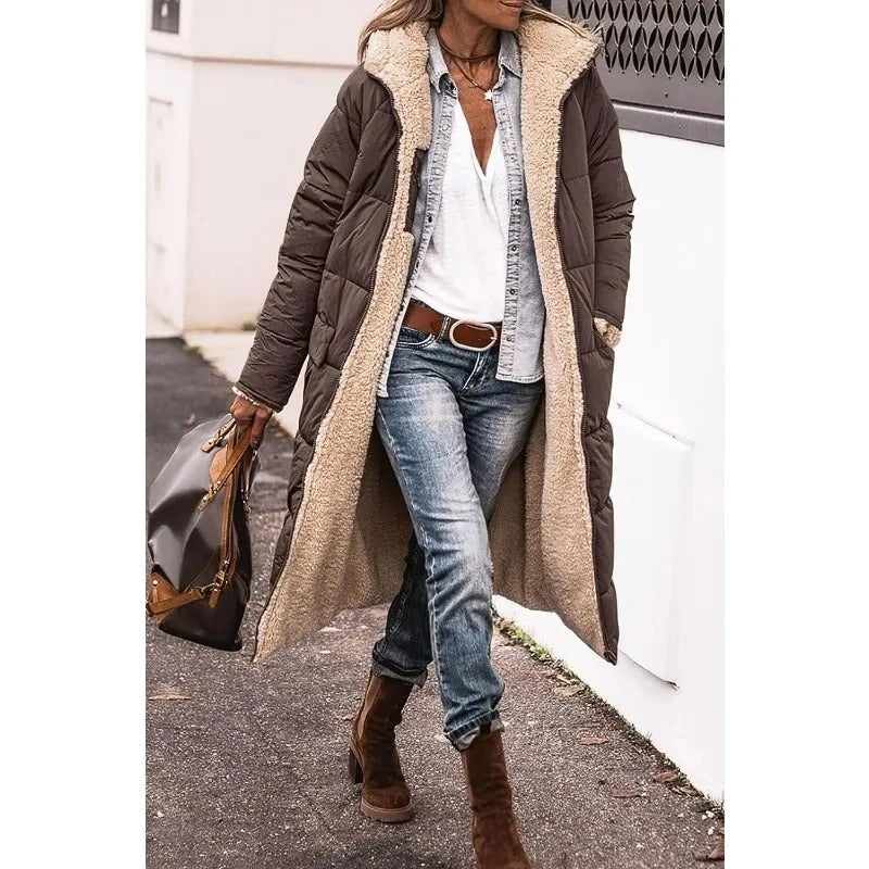 Femme Manteau Long Matelassé avec Capuche et Doublure Sherpa