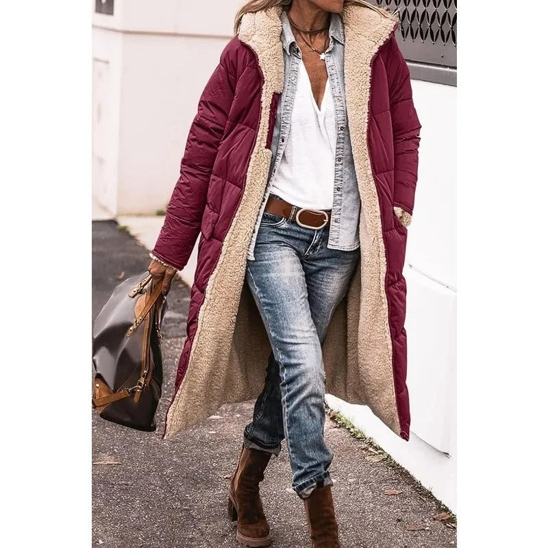 Femme Manteau Long Matelassé avec Capuche et Doublure Sherpa