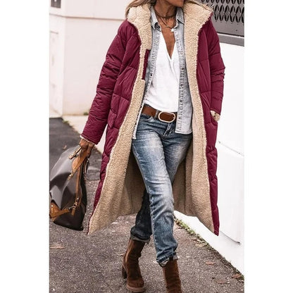Femme Manteau Long Matelassé avec Capuche et Doublure Sherpa