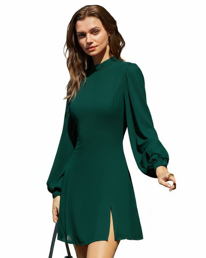 Femme Mini Robe Col Montant Manches Bouffantes et Fente Avant Silhouette A-line