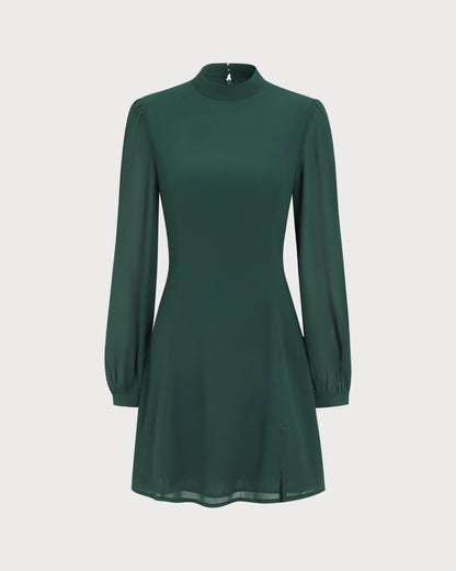 Femme Mini Robe Col Montant Manches Bouffantes et Fente Avant Silhouette A-line
