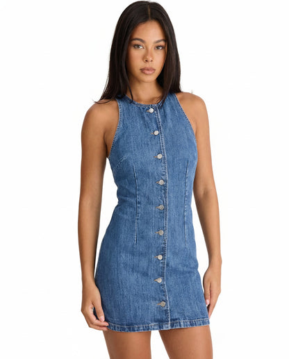 Femme Mini Robe en Jean Sans Manches avec Boutonnage Frontal