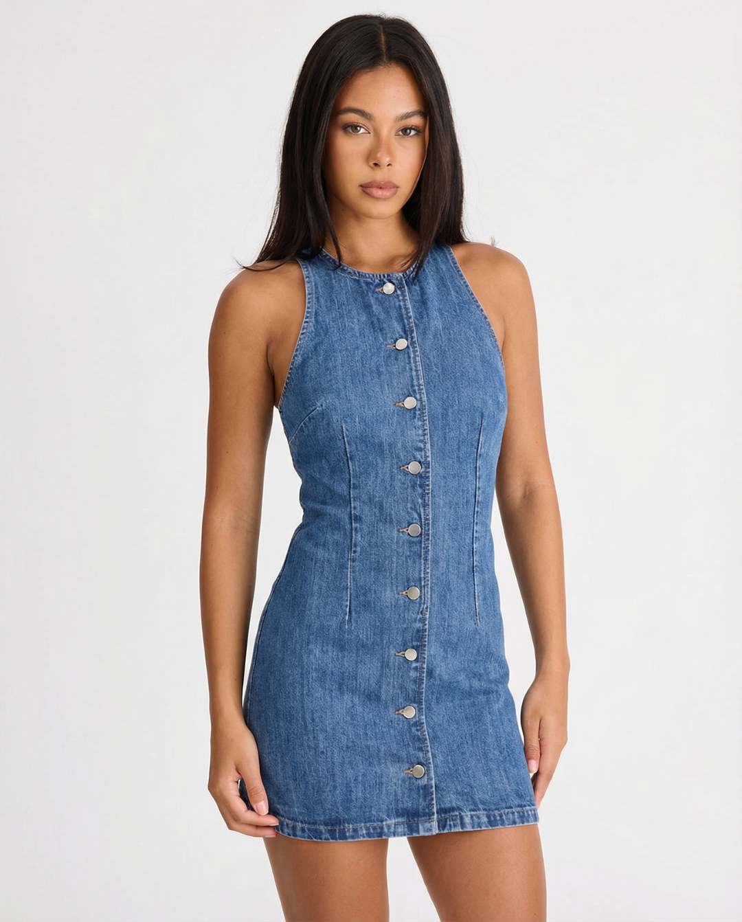 Femme Mini Robe en Jean Sans Manches avec Boutonnage Frontal