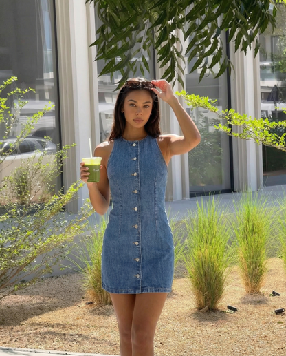 Femme Mini Robe en Jean Sans Manches avec Boutonnage Frontal