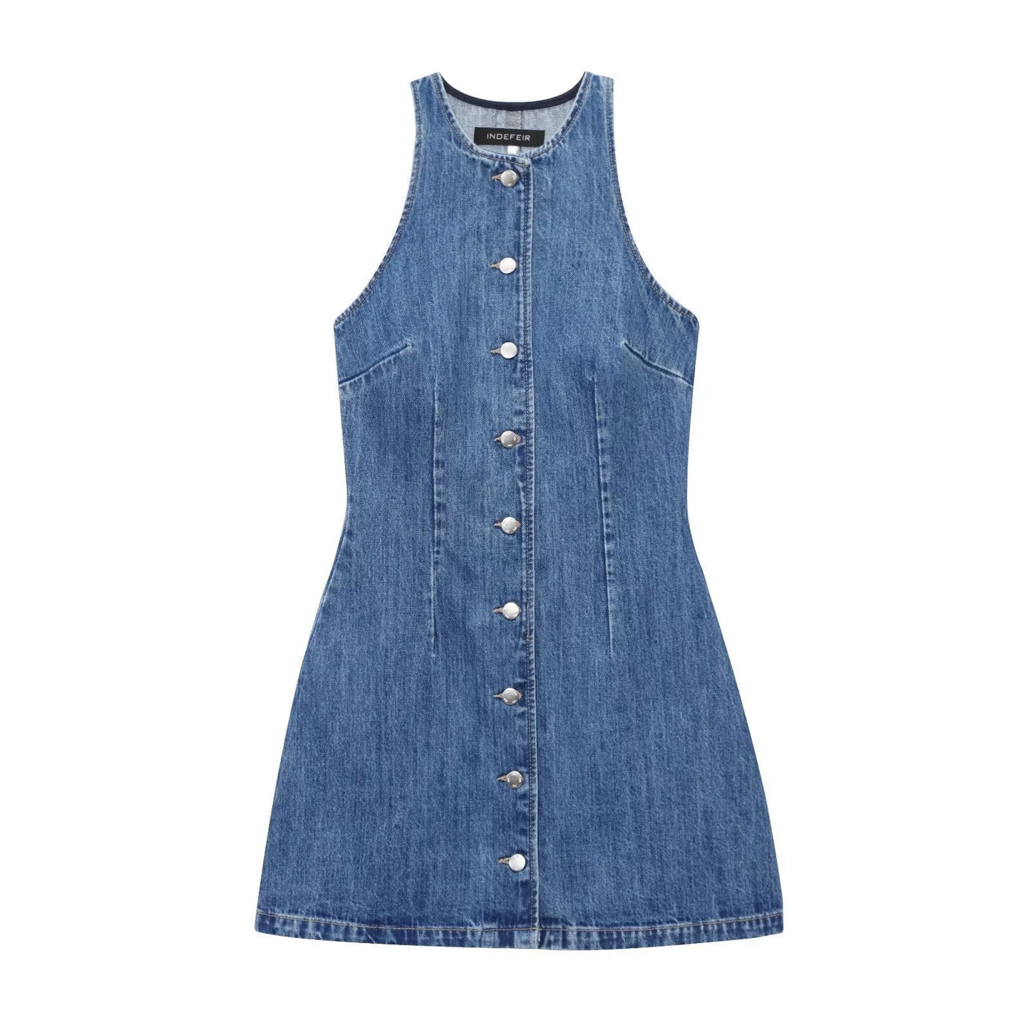 Femme Mini Robe en Jean Sans Manches avec Boutonnage Frontal