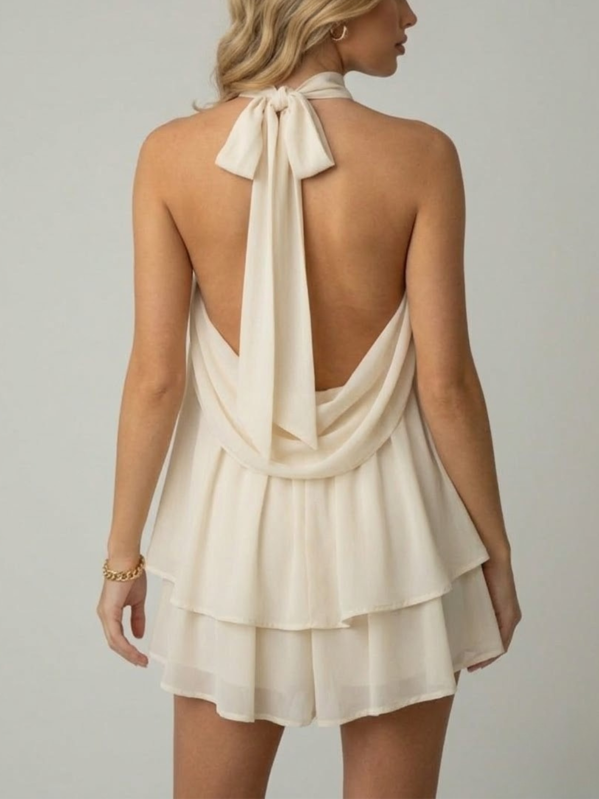 Femme Mini Robe Halter sans Manches avec Col Montant et Jupe à Volants Étagés