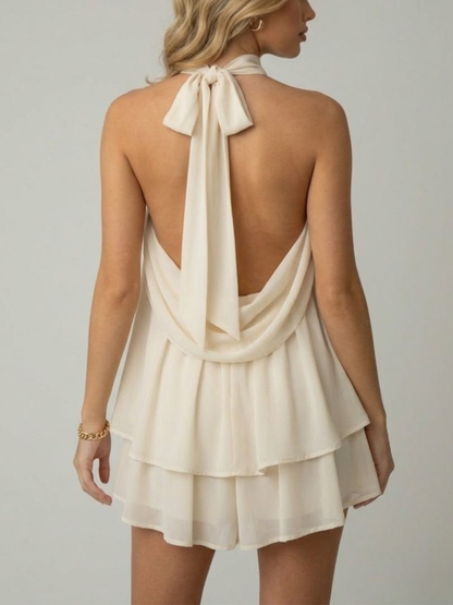Femme Mini Robe Halter sans Manches avec Col Montant et Jupe à Volants Étagés