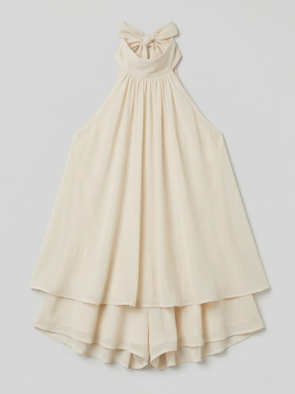 Femme Mini Robe Halter sans Manches avec Col Montant et Jupe à Volants Étagés