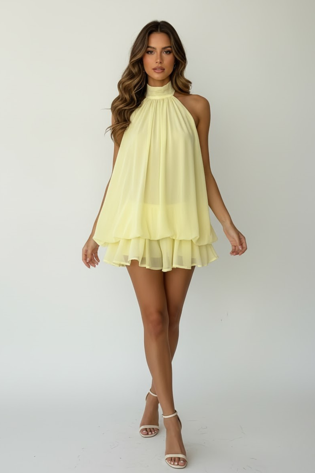 Femme Mini Robe Halter sans Manches avec Col Montant et Jupe à Volants Étagés