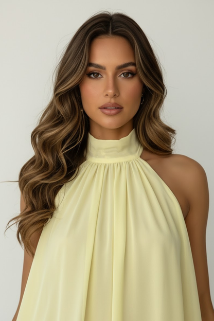 Femme Mini Robe Halter sans Manches avec Col Montant et Jupe à Volants Étagés