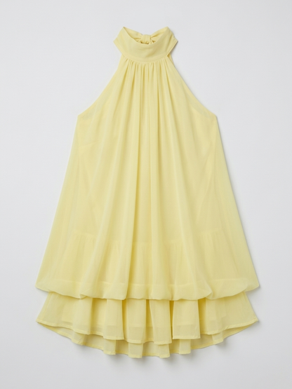 Femme Mini Robe Halter sans Manches avec Col Montant et Jupe à Volants Étagés