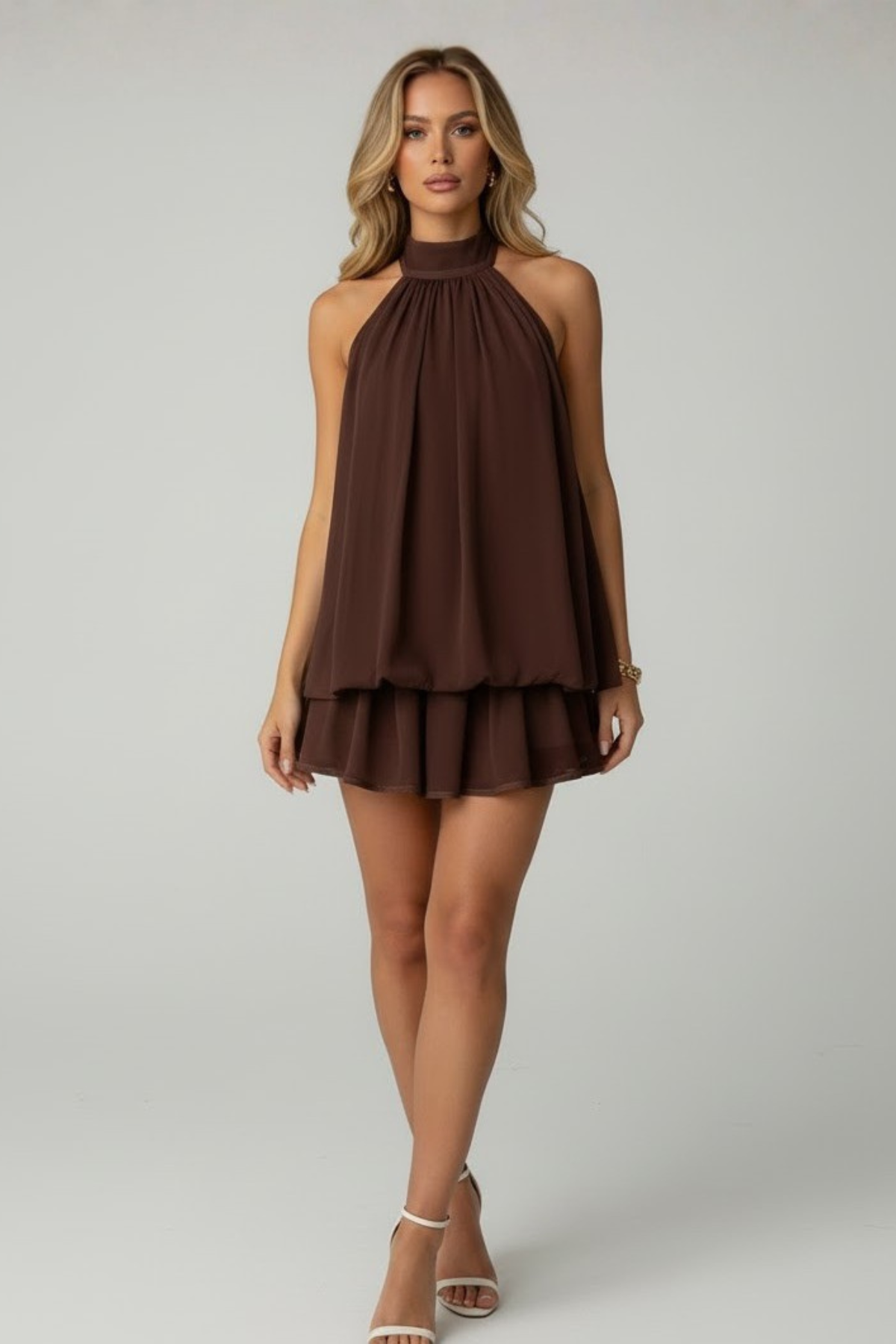 Femme Mini Robe Halter sans Manches avec Col Montant et Jupe à Volants Étagés