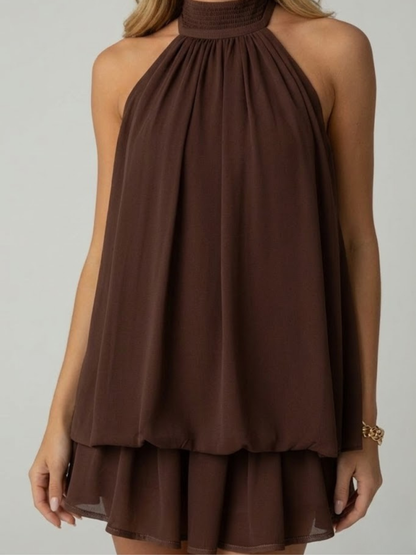 Femme Mini Robe Halter sans Manches avec Col Montant et Jupe à Volants Étagés