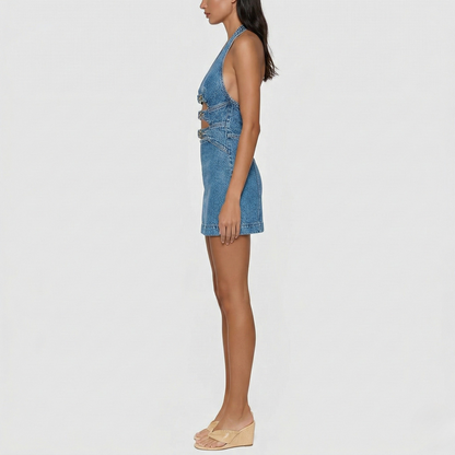 Femme Mini Robe Jean sans Manches avec Col Halter et Cut-out
