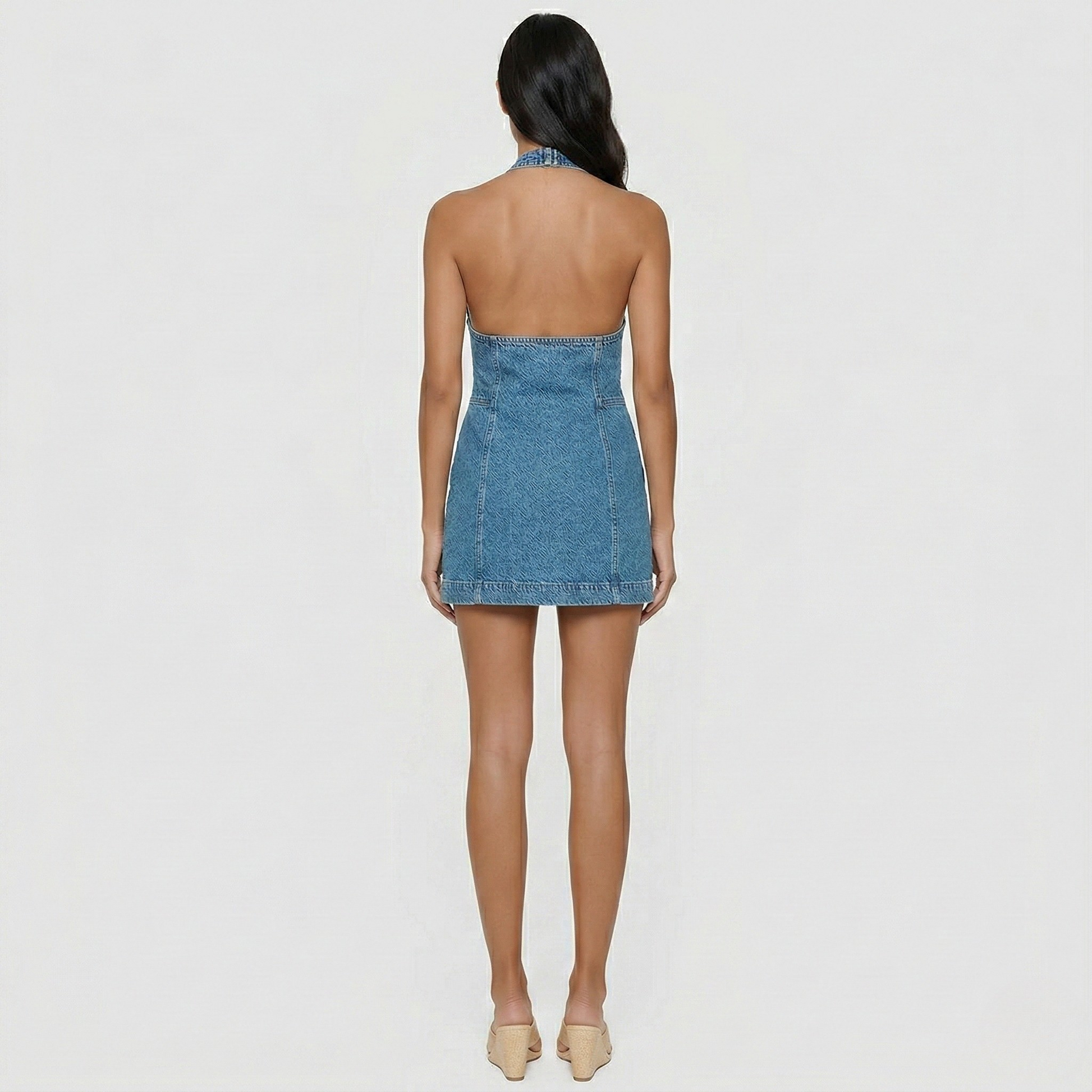 Femme Mini Robe Jean sans Manches avec Col Halter et Cut-out